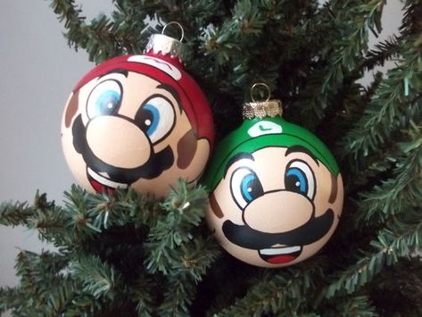 Christmas Ornaments Painted, Super Mario Luigi, Nerdy Christmas, Ornaments Painted, Geek Christmas, Super Mario And Luigi, Mario Luigi, Hand Painted Christmas, Painted Christmas Ornaments