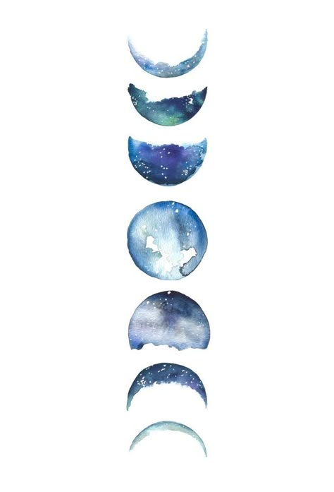 Moon Phase Watercolor, Phases Of Moon Art, Moon Phases Stickers, Moon Phases Watercolor, Moon Phases Background, Watercolor Moon Tattoo, Watercolor Art Moon, Moon Aesthetic Art, Moon Phases Painting