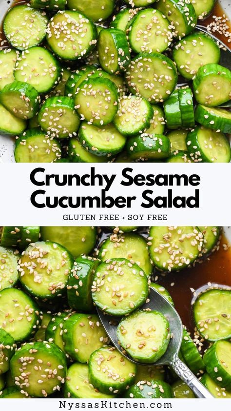 This crunchy sesame cucumber salad is an easy, refreshing side dish made with a simple sesame oil and rice vinegar dressing. Inspired by the Japanese dish sunomono, it has a crave-worthy crunchy texture, with light and well-balanced flavors that make the perfect pairing for many Asian meals. Our version is made using coconut aminos instead of soy sauce (though you could use either), is gluten free, and naturally sweetened. Sesame Ginger Cucumber Salad, Cucumber Salad Oil And Vinegar, Soy Sauce Cucumbers, Cucumber Salad Balsamic Vinegar, Cucumber Asian Salad Sesame Oil, Crunchy Cucumber Salad, Cucumber Sesame Salad, Sunomono Cucumber Salad, Asian Cucumber Salad Recipe Rice Vinegar