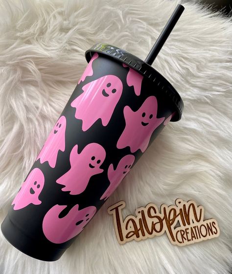 This is the perfect gift for that spooky season lover! Fun way to display your personality and love for coffee simultaneously.  This is a 24 oz matte black cup with a lid and straw and decorated with permanent, adhesive vinyl. Choose your ghost color! Leave your color request in the personalization box. Vinyl color options are located in the photos. Primary photo color is shown with soft pink ghosts. If no vinyl color is requested, you will receive the soft pink ghosts as shown in the primary listing photo.  CARE INSTRUCTIONS: - Handwash ONLY - NOT dishwasher safe - NOT microwave safe - Do NOT soak - COLD drinks ONLY BUYER NOTE: All of my cups are made to order, therefore there will be slight variations between each cup. Kitchen Glassware, Pumpkin Cups, Colorful Halloween, Photo Care, Tervis Tumbler, Halloween Tumbler, Pinterest Ideas, Cup With Lid, Pumpkin Fall