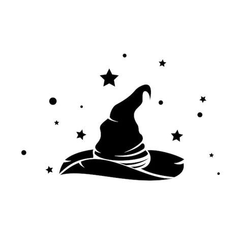 Vector magic witch hat surrounded by sta... | Premium Vector #Freepik #vector #wizard #wizard-logo #wizard-hat #magic-logo Fantasy Vector Art, Witch Logos Ideas, Wizard Hat Tattoo, Wizard Hat Drawing, Witch Logos, Magic Wand Tattoo, Wizard Symbols, Magic Logo Design, Wizard Icon