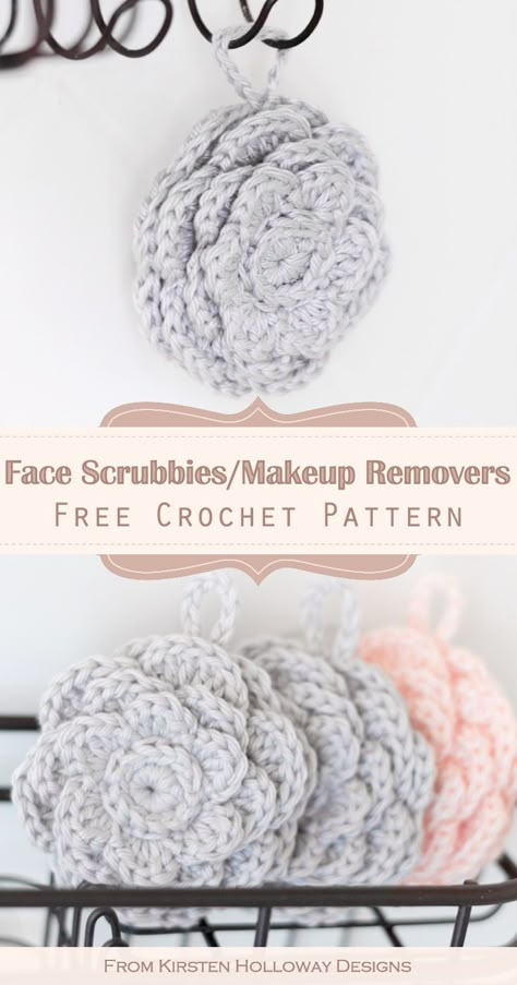 Crochet cute blossom-shaped face scrubbies to wash your face and remove makeup with this free pattern. These reusable cotton crochet flower face scrubbies are quick and easy to make, and a great DIY gift project idea to crochet for mom Mother's Day. #kirstenhollowaydesigns #crochetpatterns #freecrochetpatterns #crochet #crochetfacescrubbiespatternfree #MothersDayGiftIdeas #diycrochetgiftideas Crochet Flower Washcloth, Flower Scrubbies Crochet, Reusable Crochet Face Scrubbies, Flower Scrubby Crochet Pattern, Bath Scrubbies Crochet, Face Scrubby Crochet Pattern, Crochet Body Scrubbies Free Pattern, Crochet Face Cloth Pattern, Spa Crochet Patterns Free