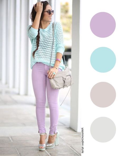 Pastel Work Outfit, Lilac Color Combinations Outfit, Purple Pants Outfit, Pastel Colors Fashion, Blue Skirt Outfits, Colour Combinations Fashion, Color Combos Outfit, Traditional Blouse Designs, Color Blocking Outfits