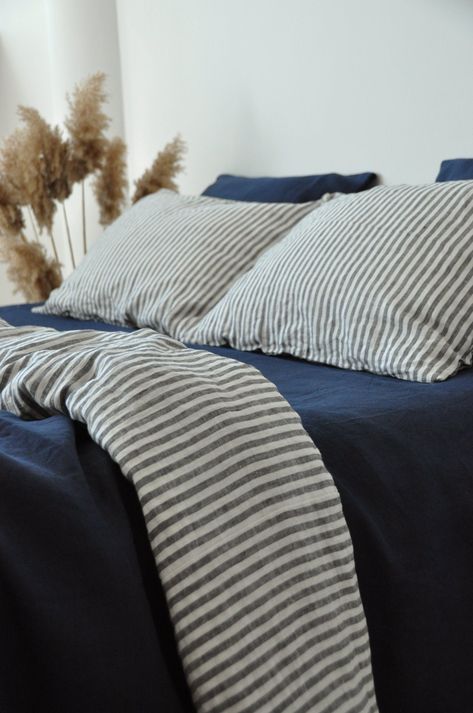 Double-sided navy and white&gray stripe duvet cover – True Things Sage Green And Maroon Bedroom, Danish Room, Bedding Colors, Duvet Covers Uk, Make Bed, Linen Fiber, Pastel Danish, Striped Duvet, House Deco