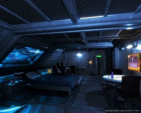 Scifi Bedroom, Sci Fi Bedroom, Futuristic Rooms, Cyberpunk Interior, Sci Fi Room, Cyberpunk Room, Futuristic Bedroom, Captain's Quarters, Scifi Interior