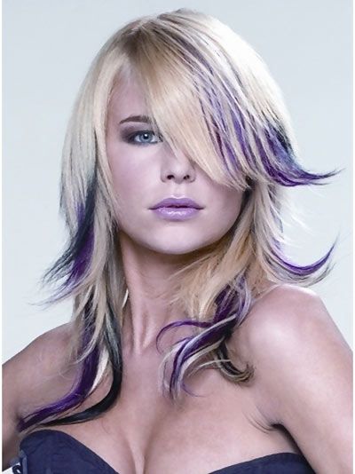 Coloured Complete Layered Feathered Look Blonde And Purple Hair, Blonde And Purple, Blonde Hair Pictures, Blond Hairstyles, Long Hair Highlights, Balmain Hair, Funky Hair, Hair Highlights And Lowlights, Straight Hair Cuts