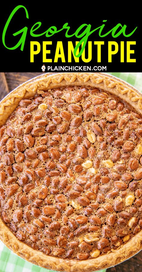 Georgia Peanut Pie - very similar to a pecan pie but with raw peanuts! SO good! This pie is SO easy to make - just whisk together eggs, vanilla, sugar and corn syrup. Stir in the raw peanuts and pour into a frozen deep dish pie crust. Top baked pie with some vanilla ice cream or fresh whipped cream. Can make in advance and store in an air-tight container. #pie #peanut #pecanpie #dessert #peanutpie Fried Peanut Pie, Virginia Peanut Pie, Pie With Frozen Pie Crust, Peanut Sweets, Peanut Pie Recipe, Water Pie Recipe, Simple Pie Recipe, Winter Pies, Deep Dish Pies