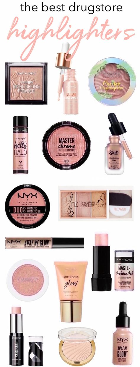 The Best Drugstore Highlighters For a Dewy Glow #drugstoremakeup #drugstorehighlighters #drugstorebeauty Highlighters Makeup Products, Best Highlighters For Makeup, Good Highlighter Makeup, Best Drugstore Highlighter, Best Highlighter Makeup, Highlighters Makeup, Drugstore Highlighter, Summer Glow Makeup, Best Highlighters