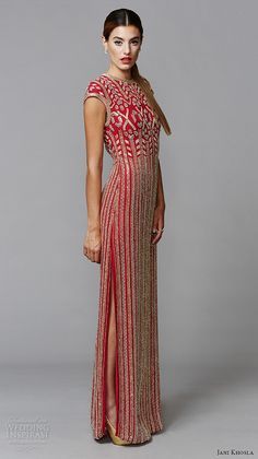 jani khosla 2015 india bridal evening dress jewel neckline cap sleeves red sheath column gown beaded kilim Beaded Red Dress, Abu Jani And Sandeep Khosla, Bridal Evening Dress, Jeweled Dress, Jewel Neck Dress, Wedding Inspirasi, Bride Fashion, Patiala Salwar, Column Gown