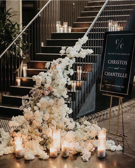 Staircase Wedding Decoration, Disco Ball Wedding Florals, Stairs Decoration With Flowers, Staircase Floral Installation, Floral Staircase Decor, Grand Staircase Wedding Decor, Wedding Flowers Staircase, Staircase Florals Wedding, Staircase Decor Wedding