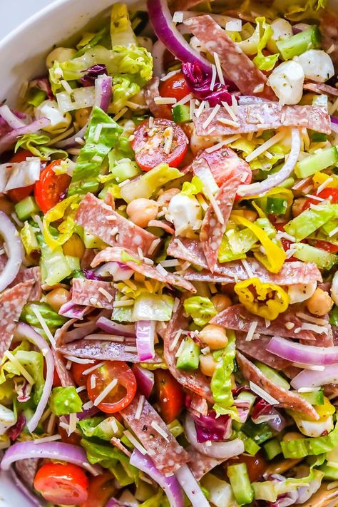 Italian Chopped Salad. Side Salad Recipes Italian, Healthy Italian Chopped Salad, Chopped Salami Salad, Salami Chickpea Salad, Italian Chop Salad Recipes, Italian Summer Salads, Big Italian Salad, Italian Meat Salad, Loaded Italian Salad