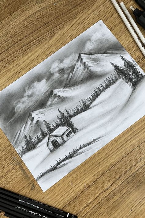 A winter landscape pencil sketch of snow-covered mountains, pine trees, and a small cabin in a quiet winter setting. Snow Mountain Sketch, Sketch Book Landscape, Winter Peisage Drawing, Cold Drawing Winter, Winter Landscape Sketch, Winter Sketchbook Ideas, Natural Landscape Drawing, Winter Forest Drawing, Winter Pencil Drawings