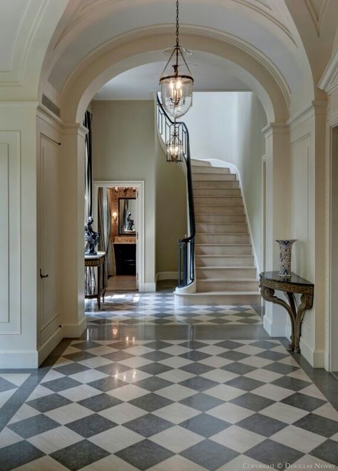 Crisp French Classicism Checkered Flooring, Checkered Floor, Chase Bank, Exterior Stairs, Enchanted Home, Beautiful Rooms, Renovation Design, Entry Hall, Beautiful House