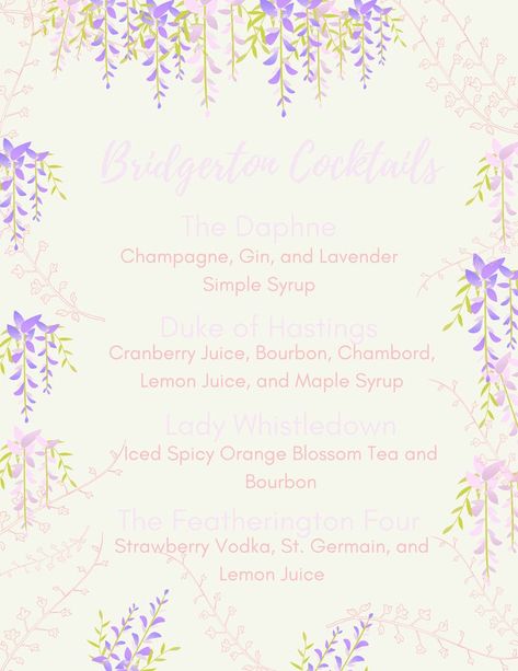 Bridgerton 1st Birthday, Bridgerton Menu Ideas, Bridgerton Theme Party Food, Bridgerton Drink Ideas, Bridgerton Inspired Food, Bridgerton Watch Party Food, Bridgerton Drinks, Bridgerton Cocktail, Bridgerton Event