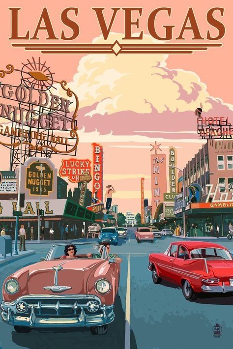 Las Vegas Old Strip Scene (24x36 Giclee Gallery Print, Wall Decor Travel Poster) ** Learn more by visiting the image link. Stare Reklamy, Desenio Posters, Girl Illustration Art, Posters Decor, Vintage Vegas, Wallpaper Retro, Vintage Poster Design, Retro Kunst, Retro Posters