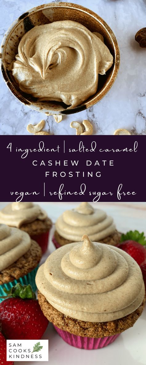 Cashew date frosting is creamy, thick and pipeable! Tastes of sweet caramel and a hint of salt & vanilla. Made with 4 simple ingredients! Date Frosting, Patisserie Vegan, Vegan Frosting, Vegan Baking Recipes, Plant Based Desserts, Wfpb Recipes, Desserts Vegan, Healthy Sweets Recipes, Vegan Dessert Recipes