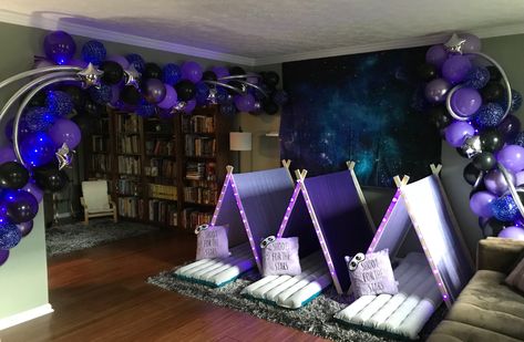 galaxy party | balloon arch | party tents | glamping | tween birthday | purple decorations | sleepover Purple Decorations, Party Balloon Arch, Girls Sleepover Party, Glamping Birthday, Slumber Party Birthday, Galaxy Party, Party Tents, Birthday Purple, Teepee Party