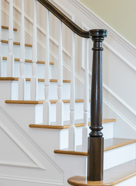 Traditional Railings For Stairs, Classic Banisters And Railings, Colonial Newel Post, Colonial Stair Railing, Staircase Spindles Wooden, Traditional Bannister, Wood Stair Spindles, Traditional Stair Railing, Balusters Wood