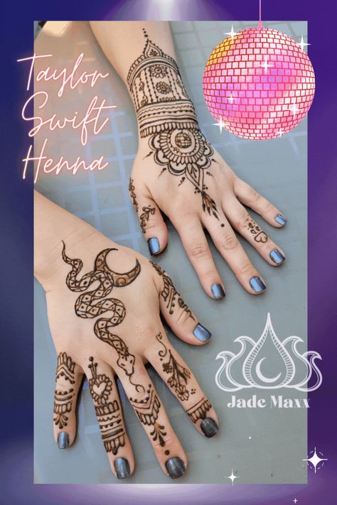 A Taylor swift inspired henna design with disco ball, snake, wildflowers and hearts Taylor Swift Henna Designs, Taylor Swift Henna, Snake Henna, Henna Tattoo Kit, Henna Tattoo Hand, Taylor Swift Inspired, Henna Style, Henna Cones, Tattoo Hand