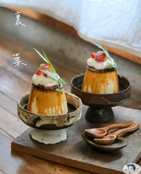 Japan Cafe Food, Japanese Dessert Packaging, Japanese Cafe Drinks, Japanese Cafe Dessert, Japanese Cute Dessert, Japanese Dessert Aesthetic, Japanese Deserts Aesthetic, Puddings, Japanese Dessert