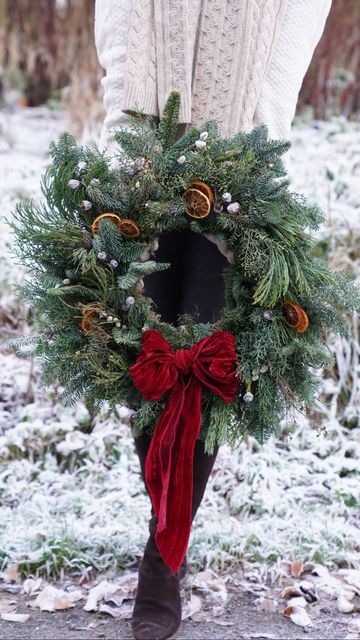 Bow For Front Door, Velvet Bows On Garland, Velvet Ribbon On Wreath, Christmas Bow Door, Wreath With Velvet Ribbon, Velvet Ribbon Wreath, Lauren Mcdermott, Giant Christmas Wreath, Giant Wreath