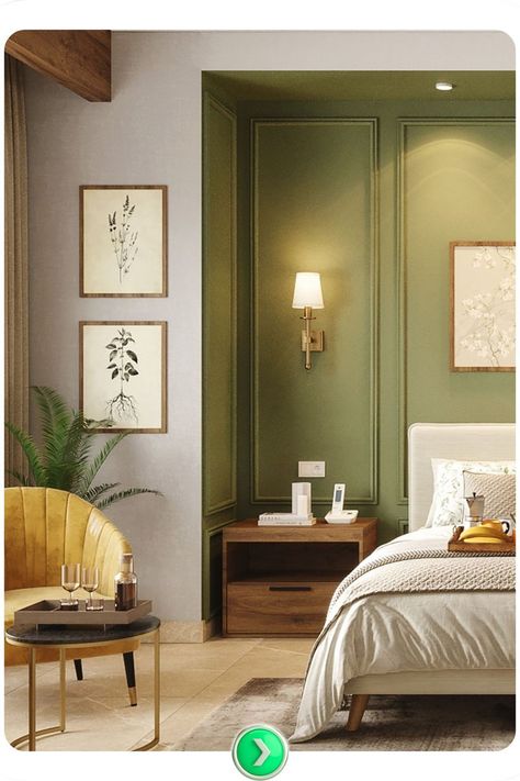 Olive green and gold bedroom design, blending deep, rich tones for a luxurious feel. Gold accents add elegance, while soft lighting enhances the warm, cozy ambiance. Light Olive Bedroom, Olive Green And Gold Bedroom, Gold Bedroom Design, Green And Gold Bedroom, Olive Green Bedroom, Olive Bedroom, Olive Green Bedrooms, Green Bedroom Walls, Bedroom Color Combination