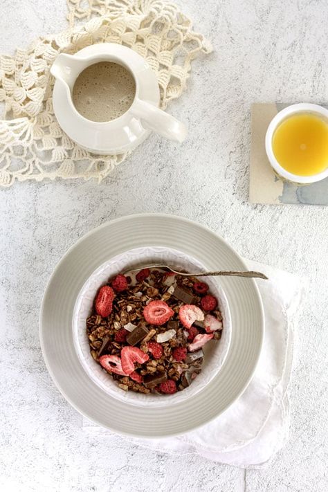 Superfood Chocolate and Berry Granola - This Mess is Ours Superfood Granola, Vegan Casserole Recipes, Berry Granola, Vegan Casserole, Vegan Breakfasts, Freeze Dried Raspberries, Morning Time, Dried Raspberries, Freeze Dried Strawberries