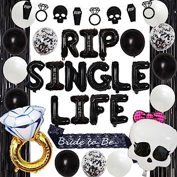 Rip Bachelorette Party Outfits, Goth Bachelorette Party Ideas, Rip Single Life Bachelorette, Gothic Bachelorette Party, Gothic Bachelorette, Skull Garland, Black Bachelorette Party, Black Bachelorette, Bachelorette Party Decoration