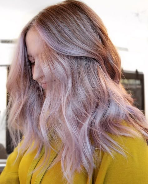 Honey & Chrome on Instagram: “Absolutely love this subtle lavender by @thehairfaerie! So soft and pretty! 💜  #lavenderhair #purplehair #lightpurplehair #colorfulhair…” Light Brown And Lavender Hair, Purple Hair Inspo Aesthetic, Blond And Lavender Hair, Subtle Lavender Hair, Subtle Vivid Hair Color, Lavender Highlights Blonde Hair, Blonde With Lavender Highlights, Lavender Beige Hair, Blonde And Lavender Hair