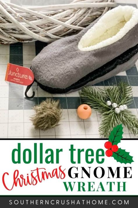 dollar tree slippers greenery wooden bead wreath Dollar Tree Slipper Gnome, Diy Christmas Gnome Door Wreath, Thanksgiving Gnomes Diy How To Make, Thanksgiving Gnomes Diy, Diy Gnome Christmas Tree, Gnome Wreath Diy, Gnome Christmas Wreath, Christmas Gnome Wreath, Christmas Knomes