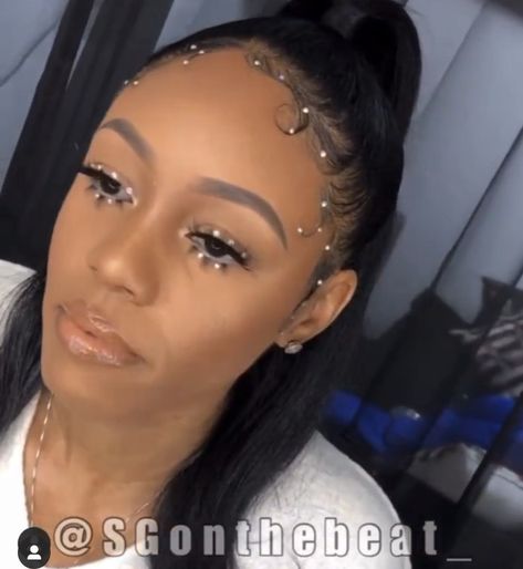 Rhinestone makeup for black women by sgonthebeat_ Face Jewels Black Women, Ponytail With Rhinestones Black Women, Braids With Rhinestones, Rhinestone Braids, Rhinestone Makeup Black Women, Rhinestones In Hair Black Women, Ponytail With Rhinestones, Bedazzled Hair, Gel Nails Spring