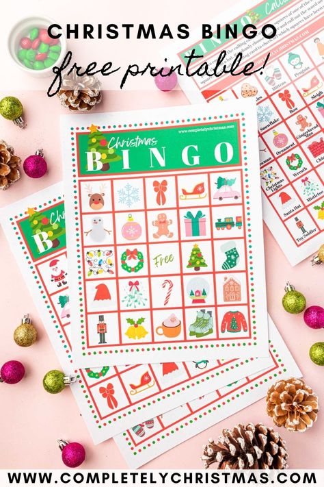 This adorable Christmas bingo free printable is a fun Christmas game for all ages. Whether you are looking for a Christmas game to play with your family or need a Christmas party activity fit for a crowd, this free printable is just what you need with 30 unique Christmas bingo cards. It's such a fun and festive bingo game that you can print right from your printer at home. #printable #christmas Kids Christmas Bingo Free Printable, Christmas Olympic Games Kids, Christmas Simon Says Game, Xmas Bingo Free Printable, Christmas Bingo Cards Free Printable, Christmas Party Stations For Kids, Christmas Party Games Printable, Free Christmas Bingo Printable, Holiday Bingo Printable Free