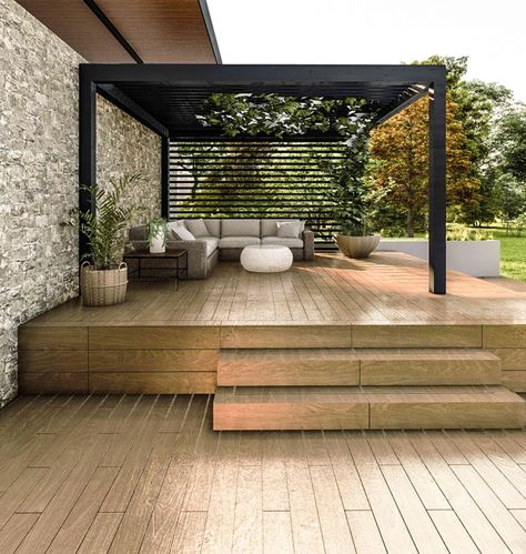 Deck With Stone Patio, Back Deck With Roof, Wood And Stone Deck, Modern Bluestone Patio, Wooden Deck And Stone Patio, Vinyl Deck, Deck Building Plans, Modern Deck, Paving Stones