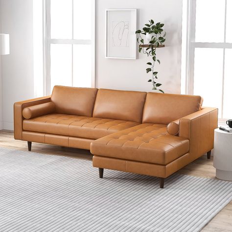 Sand & Stable Matilda 2 - Piece Leather Chaise Sectional & Reviews | Wayfair Modern Leather Sectional Sofas, Modern Furniture Sofas, Modern Leather Sectional, Leather Chaise Sectional, Brown Sectional, Mod Furniture, Genuine Leather Sofa, Comfortable Couch, Dried Eucalyptus