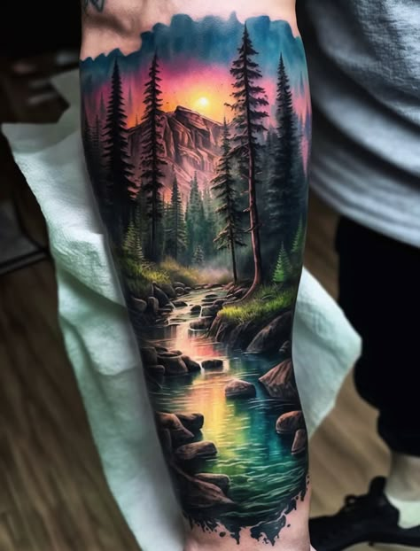 Want more tattoo ideas? ☕️ Support me 👉 buymeacoffee.com/29tattoolab Hiking Nature Tattoo, Black And Grey Nature Sleeve, Adirondack Tattoo Ideas, Scenery Tattoo Women, Mountain Tattoo Designs Men, Enchanted Forest Tattoo Ideas, Leg Tattoos Nature, Water Scene Tattoo, Forearm Forest Tattoo