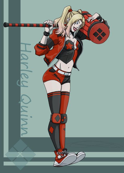 Harley Quinn Character Design, Diy Villain Costume, Harley Quinn Outfit Ideas, Harley Quinn Costume Ideas, Harley Quinn Art Illustrations, Harley Quinn Hammer, Comic Harley Quinn, Harley Quinn Costume Diy, Harley Quinn Outfit