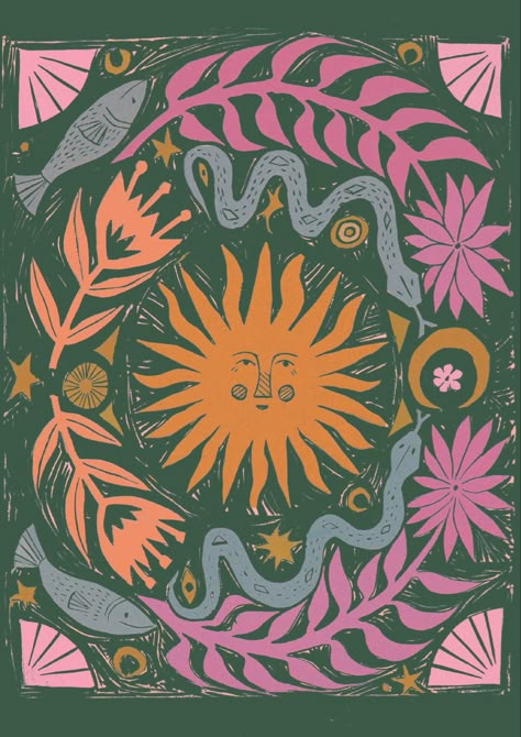 Lino print by Flora Dewar Summer Solstice Illustration, Solstice Illustration, Summer Solstice Art, Sun Graphic Design, Sun And Moon Illustration, Folk Art Sun, Retro Celestial, Astrology Prints, Solstice Art