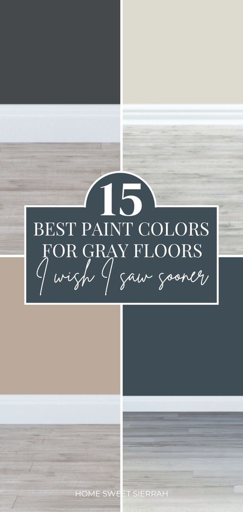 Ideas for interior wall paint colors that go with gray floors. Text reads, “15 best paint colors for gray floors I wish I saw sooner.” Cool Grey Color Palette, Colors To Go With Gray, Colors For A Small Bathroom, Colors Go With Gray, Farmhouse Interior Door, Gray Wood Floors, Modern Farmhouse Interior Doors, Popular Neutral Paint Colors, Colours That Go With Grey