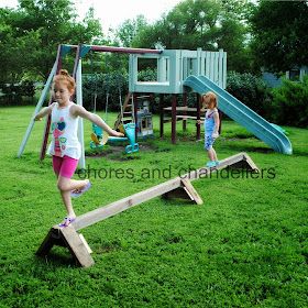 chores and chandeliers: balance beam Diy Wood Balance Beam, Outdoor Balance Beam Diy, Wooden Balance Beam, Diy Balance Beam Toddler, Homemade Balance Beam, Backyard Balance Beam, Balance Beam Diy, Outdoor Balance Beam, Playground Lighting