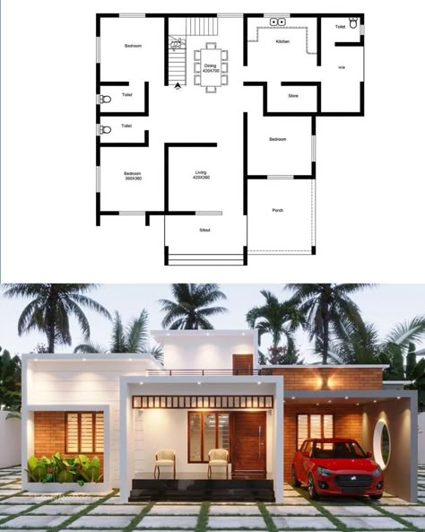 Plan And Elevation Modern Houses, 3bedroom House Plans Modern, House Schemes, Simple House Exterior Design, Small House Design Kerala, Front Building Design, House Projects Architecture, 3d Plan, Single Floor House Design