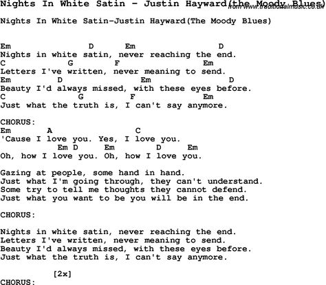 Song Nights In White Satin by Justin Hayward(the Moody Blues), song lyric for vocal performance plus accompaniment chords for Ukulele, Guitar, Banjo etc. Description from traditionalmusic.co.uk. I searched for this on bing.com/images Ukulele Chords Songs, Justin Hayward, The Moody Blues, Song Night, Uke Songs, Nights In White Satin, Guitar Lessons Songs, Easy Guitar Songs, Guitar Tabs Songs