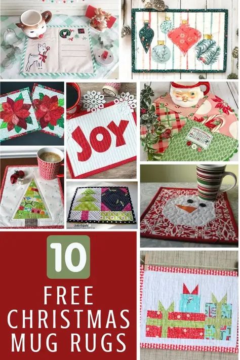 10 Free Christmas Mug Rugs - Sewing With Scraps Sewing With Scraps, Diy Embroidery Machine, Diy Christmas Mugs, Christmas Mug Rugs, Mug Rug Tutorial, Christmas Quilting Projects, Christmas Sewing Projects, Mug Rug Patterns, Diy Mugs