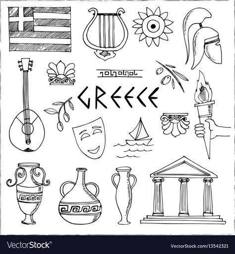 Hand drawn greece travel collection of icons Vector Image Simple Greek Drawing, Greek Cartoon Illustrations, Greek Drawings Easy, Greece Aesthetics Drawings, Greece Easy Drawing, Athens Greece Tattoo Ideas, Athens Greece Drawing, Santorini Greece Tattoo Ideas, Greece Stamp Tattoo