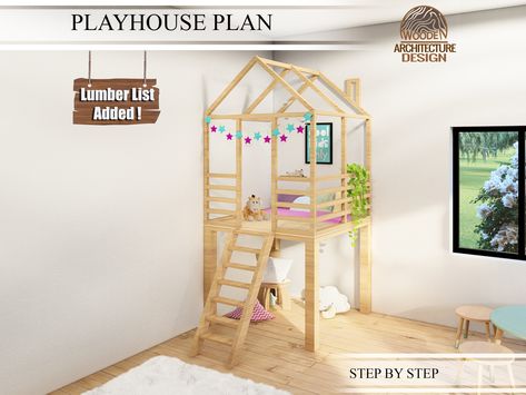 Indoor Playhouse  Plan 6'-1 1/4'' x 4'      h:8'-4'' (Deck h:3'-2'')  How about making a playhouse for your children with wood or natural materials? These instructions were created for you to build an easy and affordable playhouse. WARNING! While your children are having fun, you may not be able to resist and you may want to be involved in their games. The content of the product: -Feet/inch Plans  -Feet/inch lumber list and cut list This is an installation guide. The construction process is explained step by step. Remember, the important thing is that the product makes you happy. Lumber List and cut list are included with the product. Hardware list is not included in the product. All parts needed to create the product are individually drawn and sized. As an architect with professional work Two Story Playhouse Indoor, Indoor Wooden Playhouse, Indoor Playhouse Plans, Built In Playhouse Indoor, Diy Indoor Playhouse, Indoor Treehouse, Two Story Playhouse, Playhouse Indoor, Playhouse Plan