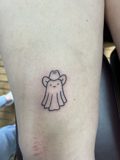 Ghost Patchwork Tattoo, Very Simple Tattoos For Women, Ghost Flipping Off Tattoo, Simple Fall Tattoos, Horror Tattoos Simple, Ghost With Headphones Tattoo, Girly Ghost Tattoo, Ghost Bee Tattoo, Creepy Small Tattoos