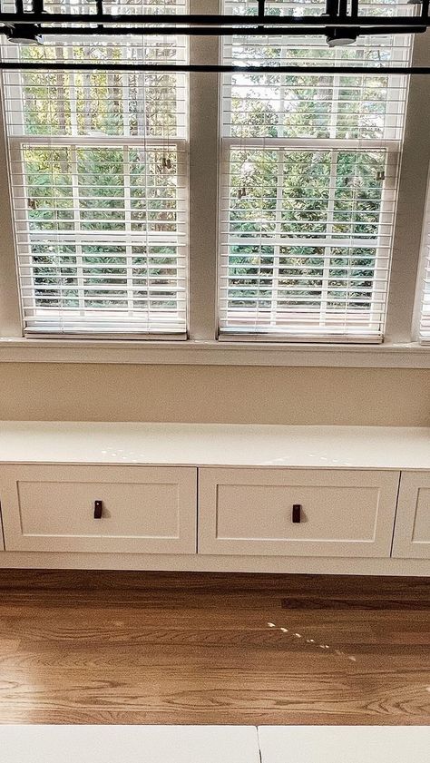 DIY - IKEA Hack | @homeandkind shared her DIY bench seat that she made using four SEKTION IKEA cabinets and with MAXIMERA pull-out drawers. This long window… | Instagram Diy Ikea Bench, Ikea Bench Seat, Ikea Window Seat Hack, Ikea Bench Seat Hack, Long Window Bench, Ikea Window Seat, Ikea Bench, Diy Bench Seat, Diy Window Seat