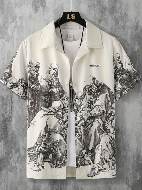 Vintage Oil Painting Digital Print Men's Short Sleeve Lapel - Temu Canada Resort Shirt Men, Men Jeans Loose, Digital Print Fashion, Letter Shirt, Resort Shirt, Men Shirts, Cool Outfits For Men, Retro Shirts, Printed Sleeves