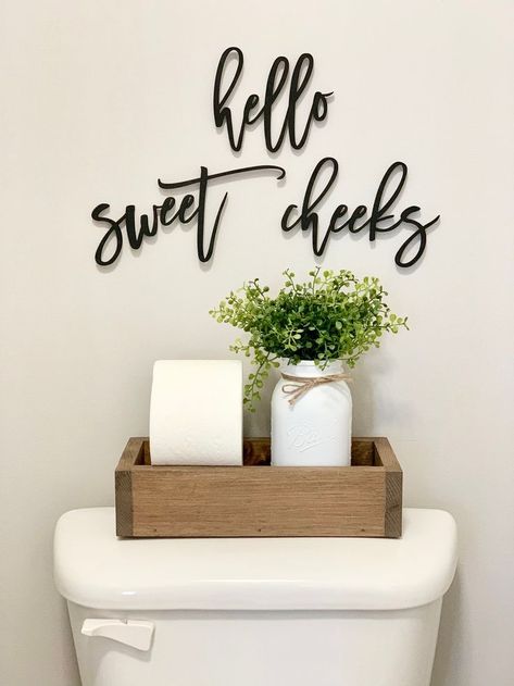 #organization #bathroomorganization Hello Sweet Cheeks Sign, Half Bathroom Decor, Toilet Room Decor, Home Gym Garage, Hello Sweet Cheeks, Restroom Decor, Downstairs Toilet, Toilet Room, Decor Baie