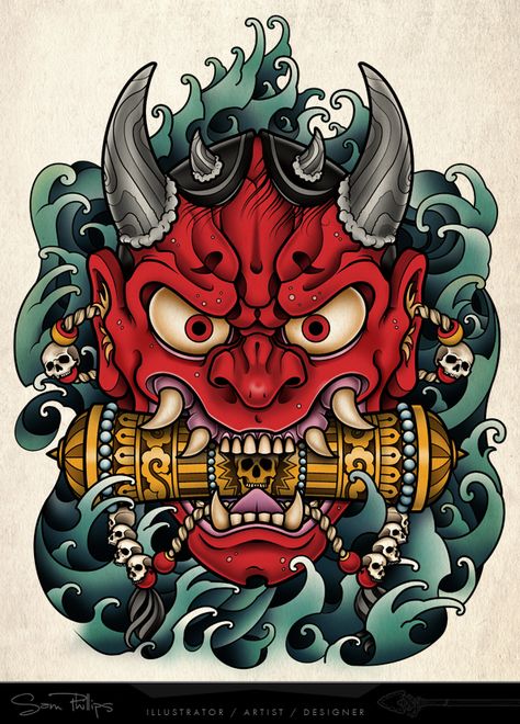 David Tevenal, Tattoo Japonais, Hannya Maske, Tato Phoenix, Japanese Demon Tattoo, Foo Dog Tattoo Design, Oni Mask Tattoo, Guerriero Samurai, Oni Tattoo