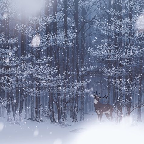 ArtStation - The call, Lorenzo Lanfranconi Academia Bedroom, Deer Wallpaper, Winter Art Projects, Forest Wallpaper, Winter Wallpaper, Winter Scenery, Winter Art, Christmas Illustration, 인물 사진